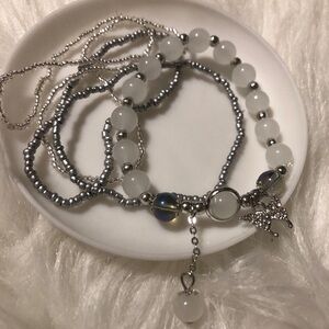 FIVE bundled bead boho beautiful white/silver bracelets